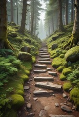 Wall Mural - old and worn coniferous forest path with moss-covered stones and overgrown underbrush, thorny bushes