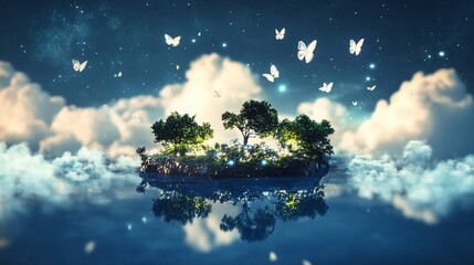 Wall Mural - surreal night scene with a small island, trees, butterflies, and glowing lights reflecting on calm w