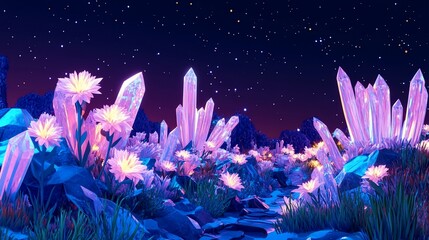 Wall Mural - glowing crystals and flowers at night.