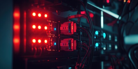 Wall Mural - Computer network with red and blue lights. The lights are bright and colorful, giving the impression of a futuristic or high-tech environment