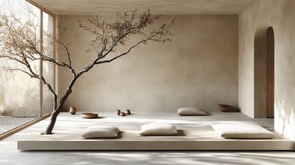 Wall Mural - Minimalist meditation room, tree, cushions, natural light, serene view.