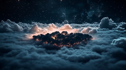 Wall Mural - glowing treetop in a sea of clouds under a starry night sky.