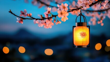 Paper Lanterns Hanging on Blooming Tree Branch with Blue Bokeh Nature Background