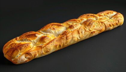 Wall Mural - A long, golden loaf of bread with a braided pattern and black sesame seeds, on a black background.