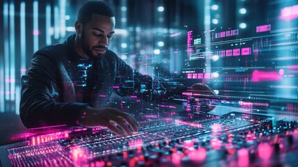 Focused male programmer coding at a digital audio workstation with futuristic holographic interface.