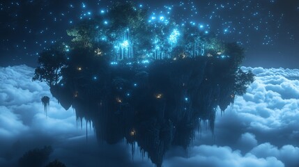 Wall Mural - glowing island floating above clouds at night.
