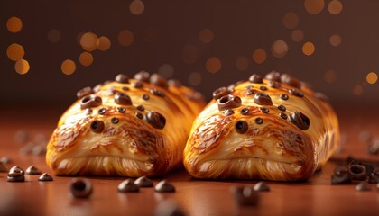 Wall Mural - Two freshly baked pastries with chocolate chips on a wooden surface, with bokeh lights in the background.