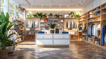 Wall Mural - Modern Retail Store Interior with Clothing Displays and Greenery