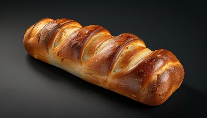 Wall Mural - A freshly baked loaf of bread with a golden brown crust sits on a black background.