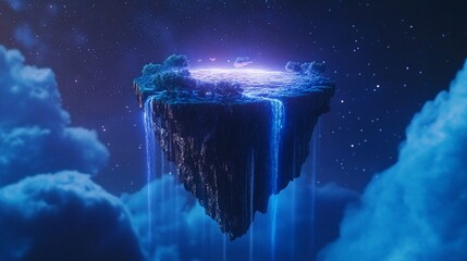 Wall Mural - floating island with waterfalls at night, surrounded by clouds and stars.
