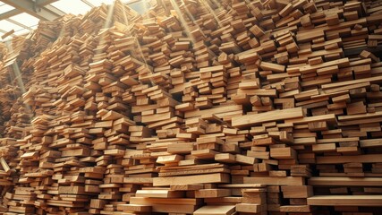 Wall Mural - A massive pile of lumber awaits its transformation, bathed in the golden light of a warehouse window.