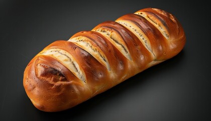 Wall Mural - A loaf of freshly baked bread with a golden brown crust and a light, airy texture sits on a black surface.