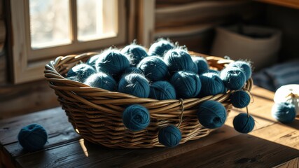 Wall Mural - A woven basket brimming with teal yarn balls, nestled on a weathered wooden table bathed in warm sunlight