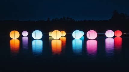 Wall Mural - illuminated spheres float on calm water at night, reflecting colorful lights.
