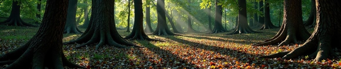 Wall Mural - shadows cast by twisted tree trunks on forest floor, tree trunks, stillness, eerie