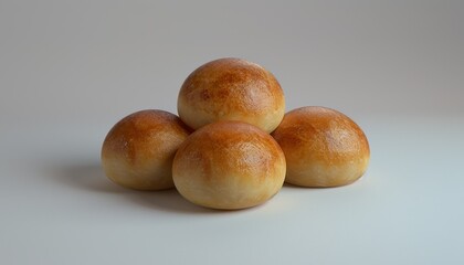 Wall Mural - Four golden brown bread rolls stacked in a pyramid on a white surface.