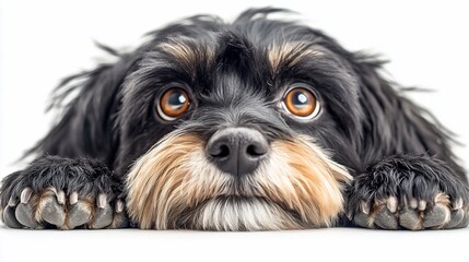 Wall Mural - Cute small black and tan dog with big eyes looking up, resting paws on white background.