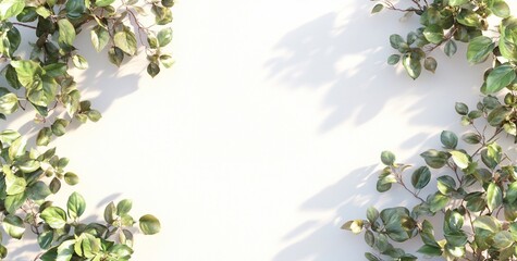 Wall Mural - Lush green foliage frame on white background, sunlight shadow.