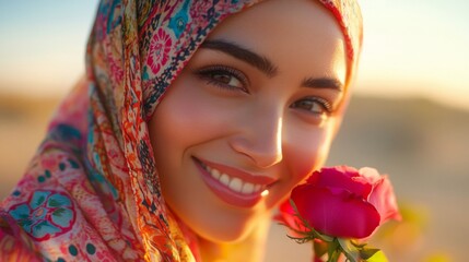 Canvas Print - Woman in headscarf smiling holds a rose