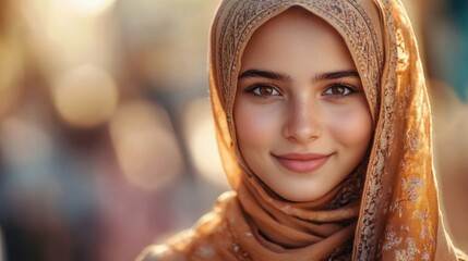 Canvas Print - Young Woman Wearing A Brown Embroidered Hijab