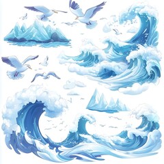 Wall Mural - Ocean Waves Seagulls and Icebergs Illustration