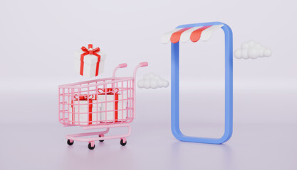 Wall Mural - Mobile phone and shopping bag with Red gift box and shopping bag flying