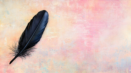 Wall Mural - black feather on pastel-colored surface, minimalist design