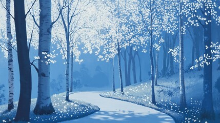 Wall Mural - serene blue forest stream, winding path, birch trees, tranquil scene.