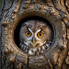 Cartoon Owl in a Tree Hollow: A cute, cartoonish owl peeking out from a tree hollow with exaggerated, big eyes.