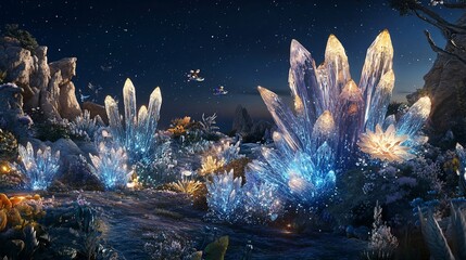 Wall Mural - glowing crystals illuminate a fantastical night landscape.