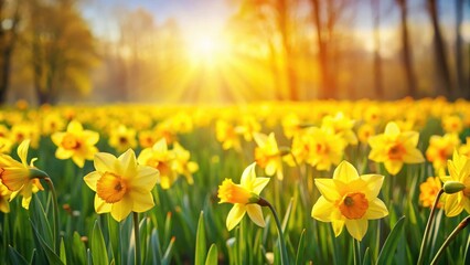 Blooming daffodil field with vibrant yellow petals and green foliage in a sunny meadow, nature, outdoors,  nature