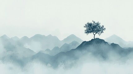 Serene Landscape with Isolated Tree in Misty Mountain Setting