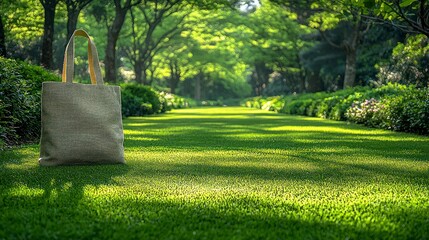 Wall Mural - Tote bag sits on grass.