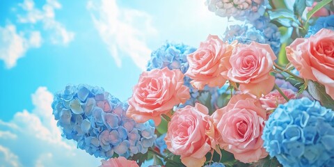 Sticker - A vibrant bunch of fresh pink roses paired with blue hortensia flowers set against a serene blue sky backdrop, showcasing the beauty of these fresh blooms in a striking composition.