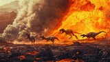 Dinosaurs Running from Erupting Volcano in Fiery Landscape