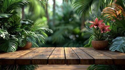 Wall Mural - Tropical plants, wood table, jungle.