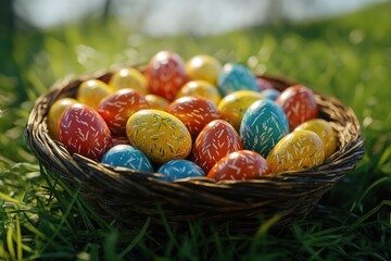 Wall Mural - Colorful easter eggs resting in a basket on lush green grass