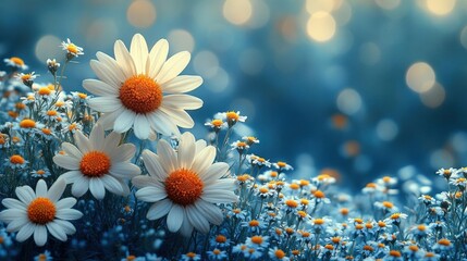 Canvas Print - Closeup of white daisies with orange centers against a soft blue background, serene and peaceful nature scene