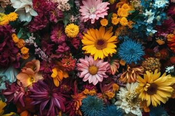 Wall Mural - A close-up shot of a fresh flower stall in autumn, showcasing an array of colorful flowers in full bloom, perfect for fall season decorations.