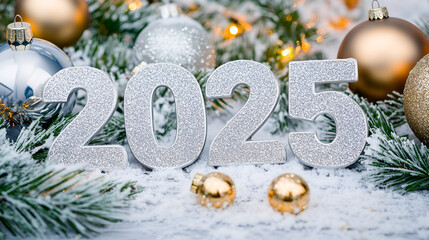 Wall Mural - Glittery silver 2025 numbers surrounded by snow-dusted Christmas ornaments, pine branches, and warm golden lights Generative AI 1001