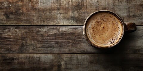 Wall Mural - Cup of coffee placed on a wooden background, highlighting the rich textures of the cup and the warmth of the coffee, creating a cozy and inviting atmosphere with every sip.