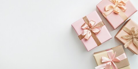 Gift boxes adorned with ribbons, isolated on a clean white background, create an appealing visual of gift boxes that perfectly showcase the elegance of gifts and celebration.