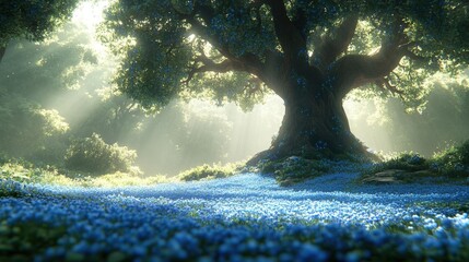 Canvas Print - Enchanted Forest Meadow with Sunlight Streaming Through Ancient Tree and Blue Flowers