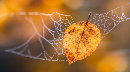 Wall Mural - Leaf suspended in a delicate spider web, showcasing the intricate beauty of nature. This vivid image captures a leaf intertwined with a spider web, highlighting their connection in the ecosystem.