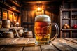 © Janmo - A beer mug filled with a frothy amber-colored beer on a wooden table in a rustic-themed pub setting, beverage, tablecloth