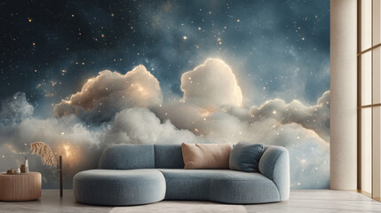 Wall Mural - celestial dreamscape: a dreamy cloudscape mural transforms a living room, creating a serene and othe
