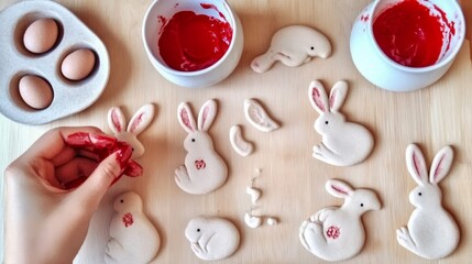 Sticker - Hand painting bunny-shaped cookies with red dye on a wooden surface, alongside eggs and bowls of dye. Concept of Easter baking.