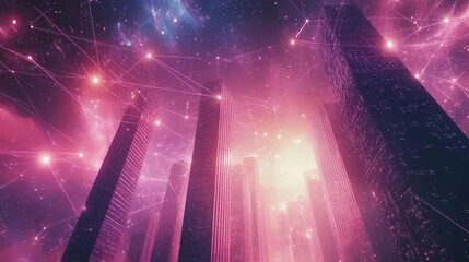Wall Mural - futuristic cityscape with glowing network connections.