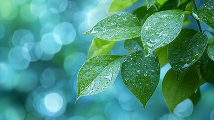 Wall Mural - Wet green leaves with bokeh.