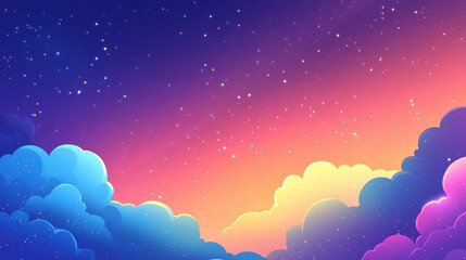 Wall Mural - Celestial Dreamscape: A vibrant, stylized illustration of a dreamy sunset sky filled with fluffy clouds in shades of pink, purple, blue, and yellow, sprinkled with glittering stars.  